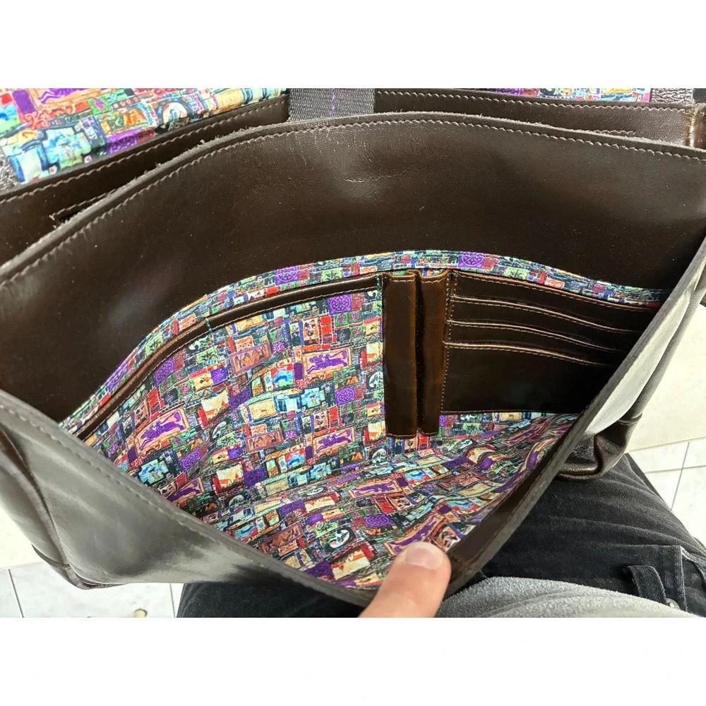 Robert Graham Brown Leather Messenger Bag Crossbody Mosaic Lining Mens LaptopBag